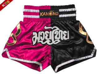 Pantalones Muay Thai Kanong para niños : KNS-143-Rosa-Negro-K