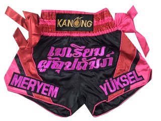 Pantalones Muay Thai Personalizados : KNSCUST-1291-Negro-Rosa