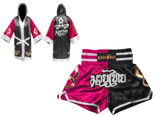 Personalizados- Bata de Boxeo + Pantalones Muay Thai : 143-Rosa-Negro