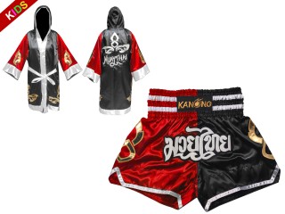 Bata boxeo + Pantalones kick boxing personalizados de Niños : 143-Rojo-Negro