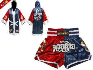 Bata boxeo + Pantalones kick boxing personalizados de Niños : 143-Rojo-Azul Marino