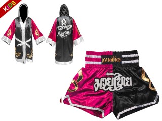 Bata boxeo + Pantalones kick boxing personalizados de Niños : 143-Rosa-Negro
