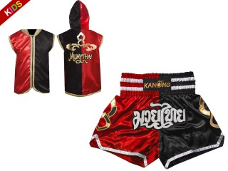Capuchade Boxeo + Pantalones Muay Thai personalizados de Niños : 143-Rojo-Negro