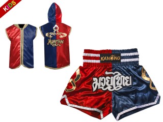 Capuchade Boxeo + Pantalones Muay Thai personalizados de Niños : 143-Rojo-Azul Marino