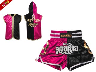 Capuchade Boxeo + Pantalones Muay Thai personalizados de Niños : 143-Rosa-Negro