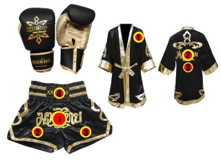 Juego de guantes de Muay Thai + shorts personalizados + bata personalizada : Negro Lai Thai