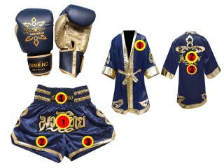 Juego de guantes de Muay Thai + shorts personalizados + bata personalizada : Azul marino Lai Thai