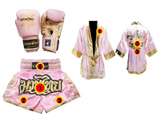 Juego de guantes de Muay Thai + shorts personalizados + bata personalizada : Rosa Lai Thai