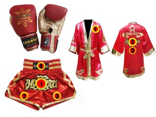 Juego de guantes de Muay Thai + shorts personalizados + bata personalizada : Rojo Lai Thai