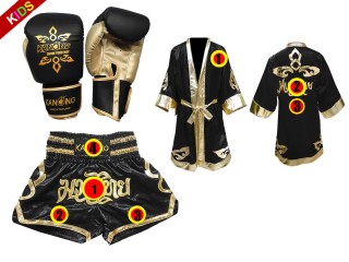 Juego de guantes de Muay Thai + shorts personalizados + bata personalizada para niños: Negro Lai Thai