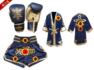 Juego de guantes de Muay Thai + shorts personalizados + bata personalizada para niños: Azul marino Lai Thai