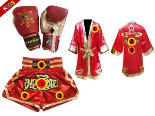 Juego de guantes de Muay Thai + shorts personalizados + bata personalizada para niños: Rojo Lai Thai