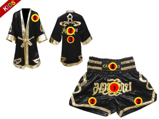 Personalizados - Kanong Bata + Pantalones Muay Thai de Niños : Negro Lai Thai