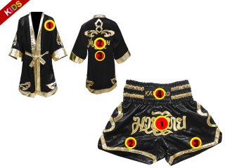 Bata boxeo personalizada  + Pantalones kick boxing personalizados de Niños : Negro Lai Thai