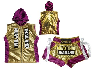 Capucha de Boxeo + Pantalones Muay Thai Personalizados : KNHODSET-004-Oro-Violeta