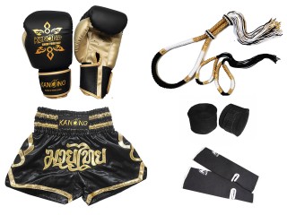 Guantes y pantalones Muay Thai con Equipo completo : Juego-121-Negro