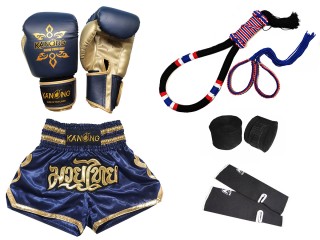 Guantes y pantalones Muay Thai con Equipo completo : Juego-121-Azul marino