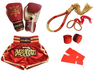 Guantes y pantalones Muay Thai con Equipo completo : Juego-121-Rojo