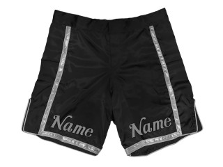 Personaliza pantalones cortos de MMA con nombre o logo: Negro-Plata