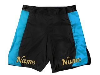 Personaliza el diseño de pantalones cortos de MMA con nombre o logotipo: Negro-Azul cielo