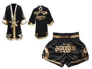 Personalizados - Bata de Boxeo + Pantalones Muay Thai : Set-144-Negro-Oro