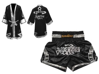 Personalizados - Bata de Boxeo + Pantalones Muay Thai : Set-144-Negro-Plata
