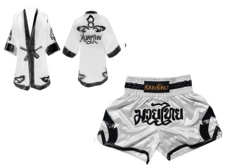Personalizados - Bata de Boxeo + Pantalones Muay Thai : Set-144-Blanco