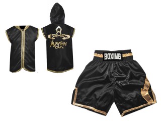 Ropa boxeo personalizada - Sudaderas con capucha + Pantalones Boxeo : KNCUSET-008-Negro-Oro