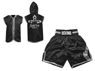 Ropa boxeo personalizada - Sudaderas con capucha + Pantalones Boxeo : KNCUSET-008-Negro-Plata