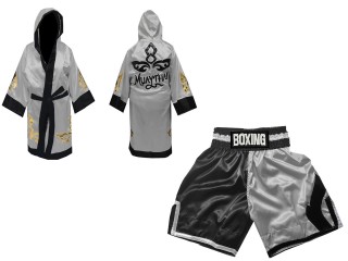 Personalizados - Bata de Boxeo + Pantalones Boxeo personalizados : KNCUSET-105-Negro-Plata