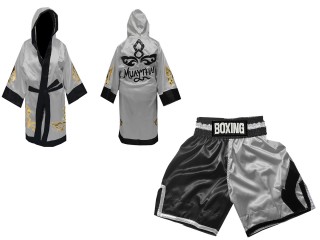 Kit boxeo - Bata de Boxeo + Pantalones Boxeo personalizados : KNCUSET-105-Negro-Plata