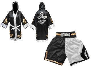 Ropa boxeo personalizada - Bata de boxeo + Pantalones de boxeo : KNCUSET-105-Negro-Blanco