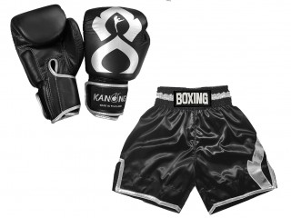 Guantes y Pantalones Boxeo Personalizados : KNCUSET-201-Negro-Plata