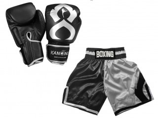 Guantes y Pantalones Boxeo Personalizados : KNCUSET-202-Negro-Plata