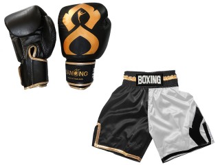 Guantes y Pantalones Boxeo Personalizados :KNCUSET-202-Blanco negro