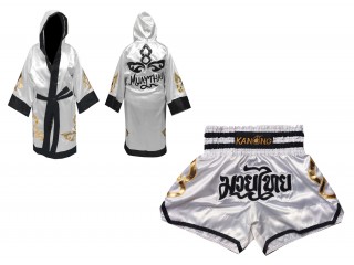 Personalizados - Bata de Boxeo + Pantalones Muay Thai : Set-143-Blanco