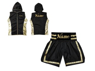 Ropa boxeo personalizada - Sudaderas con capucha + Pantalones Boxeo : KNCUSET-007-Negro-Oro