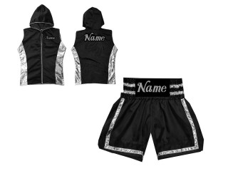 Ropa boxeo personalizada - Sudaderas con capucha + Pantalones Boxeo : KNCUSET-007-Negro-Plata