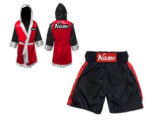 Ropa boxeo personalizada - Bata de boxeo + Pantalones de boxeo : KNCUSET-104-Negro-Rojo