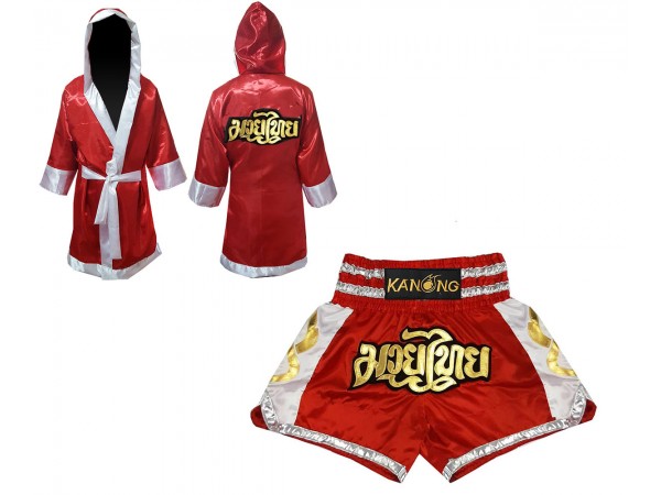 Personalizados - Bata de Boxeo+ Pantalones Thai : Set-141-Rojo Boxeothai.com