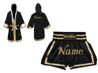 Personalizados - Bata de Boxeo + Pantalones Muay Thai : Set-140-Negro-Oro