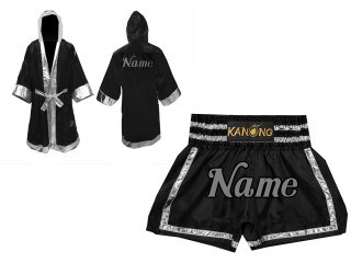 Personalizados - Bata de Boxeo + Pantalones Muay Thai : Set-140-Negro-Plata