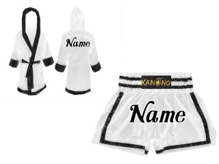 Personalizados - Bata de Boxeo + Pantalones Muay Thai : Set-140-Blanco-Negro