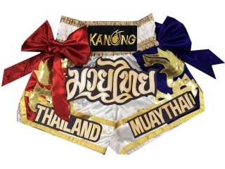Pantalones Muay Thai Kanong para niños  : KNS-128-Blanco-K