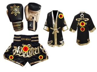 Juego de guantes de Muay Thai + shorts personalizados + bata personalizada : Negro Lai Thai