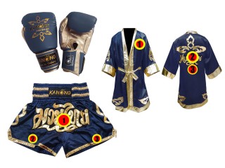 Juego de guantes de Muay Thai + shorts personalizados + bata personalizada : Azul marino Lai Thai