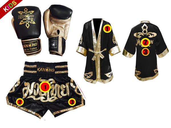 Confinar Túnica Hacer Juego de guantes de Muay Thai + shorts personalizados + bata personalizada  para niños: Negro Lai Thai | Boxeothai.com