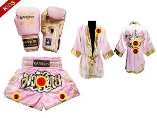 Juego de guantes de Muay Thai + shorts personalizados + bata personalizada para niños: Rosa Lai Thai