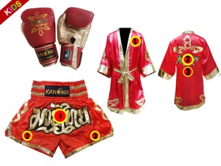 Juego de guantes de Muay Thai + shorts personalizados + bata personalizada para niños: Rojo Lai Thai