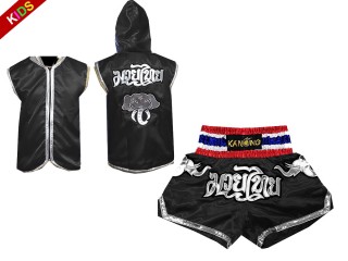 Ropa Muay Thai personalizada - Capuchade Boxeo + Pantalones Muay Thai de Niños : Negro Elefante